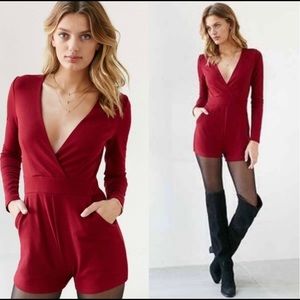 UO Silence + Noise Surplice Ponte Romper in burgundy (size S)